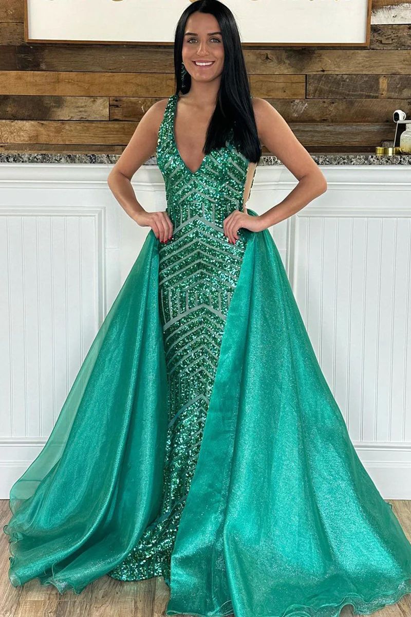 Mermaid Dark Green Sequins V Neck Long Prom Dresses