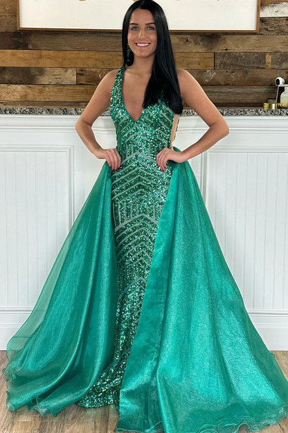 Mermaid Dark Green Sequins V Neck Long Prom Dresses