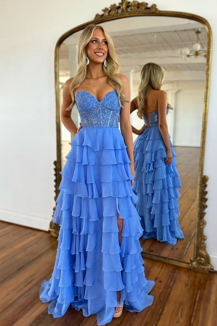 A Line Sweetheart Blue Chiffon Tiered Prom Dresses