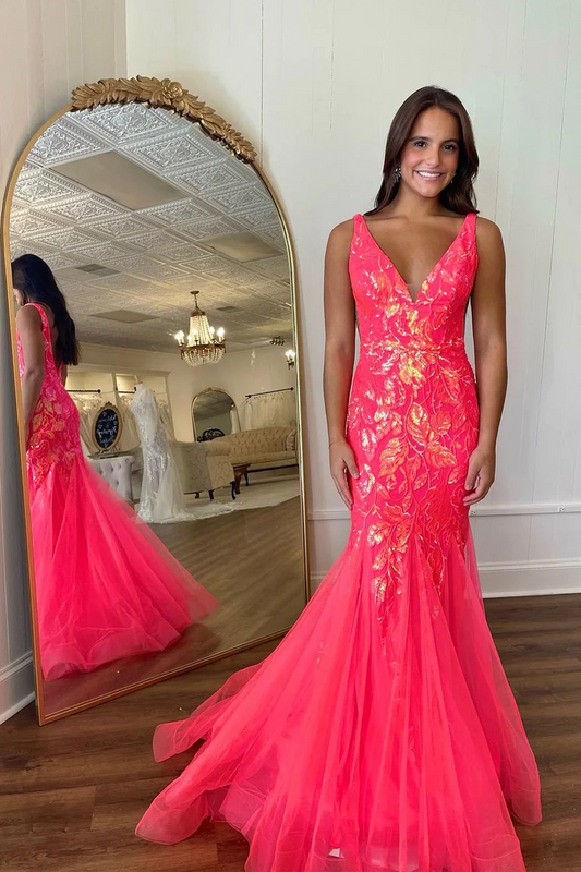 Fuchisa V Neck Sequin Lace Mermaid Long Prom Dresses