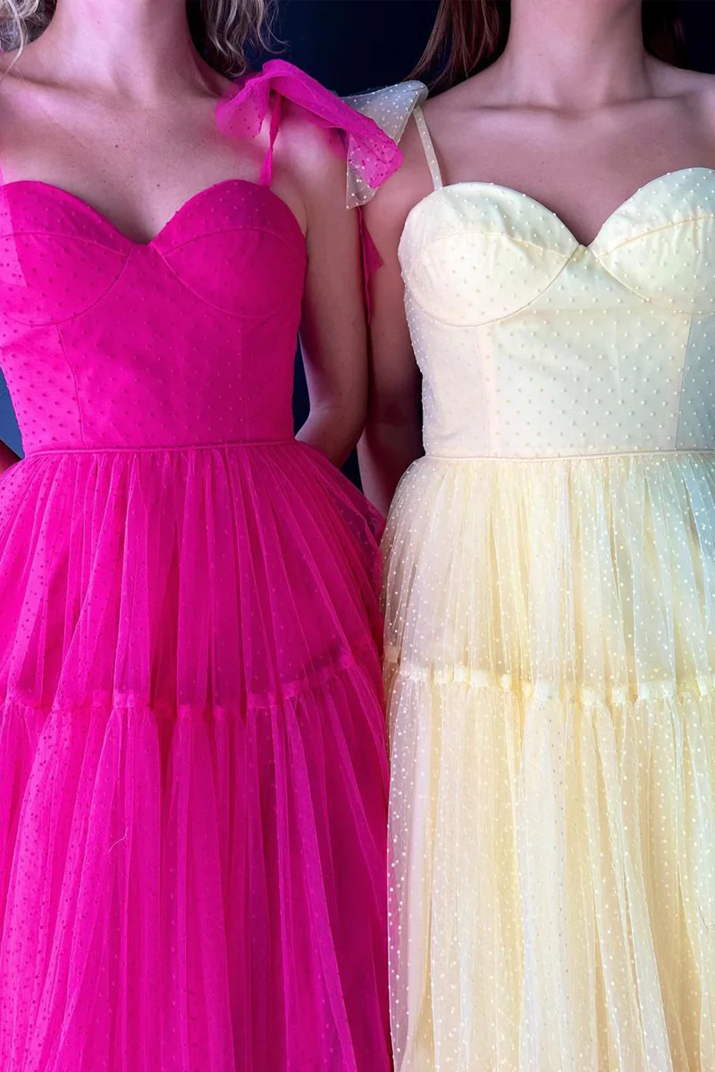 Long Sweetheart Tie Straps Tulle A-Line Prom Dresses