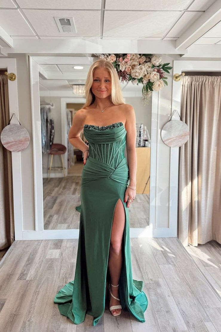 Mermaid Scoop Neck Green Satin Long Prom Dresses