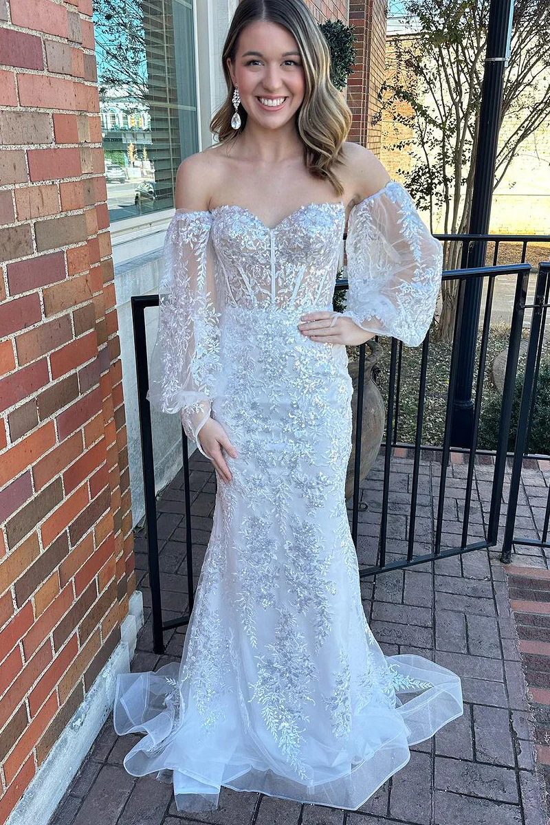 White Mermaid Lace Long Sweetheart Prom Dresses