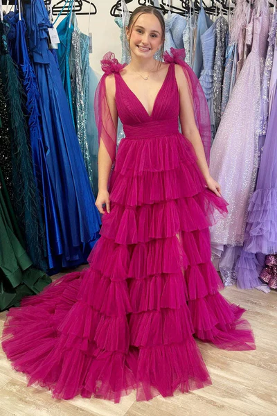 Bow Straps Fuchsia V-Neck Ruffled Tulle Long Prom Dresses