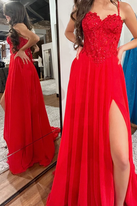 Red Sweetheart Chiffon Appliques Long Prom Dresses