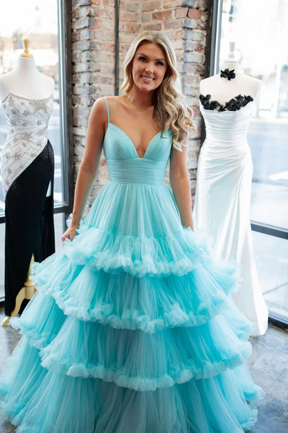 Charming A-Line V Neck Ruffle Tiered Tulle Long Prom Dresses,BD93321