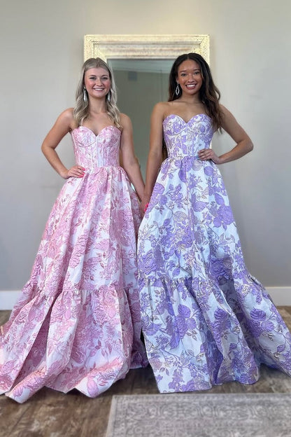 A Line Sweetheart Purple Jacquard Satin Long Prom Dresses