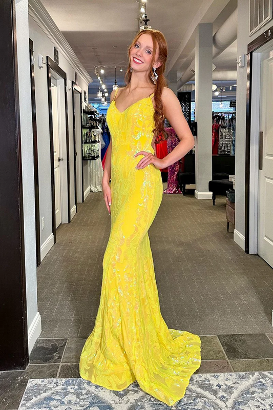 Mermaid V Neck Yellow Sequins Lace Backless Long Prom Dresses