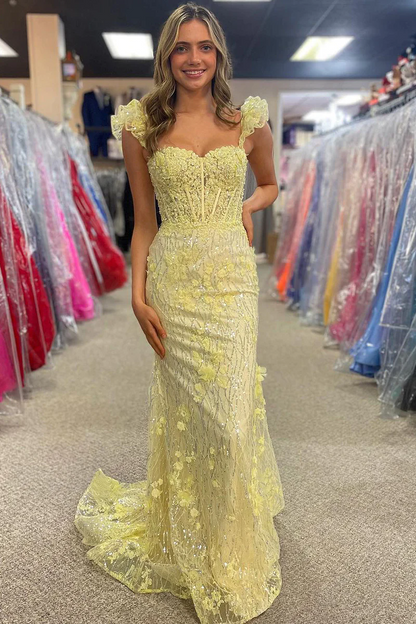 Yellow Floral Sweetheart Lace Long Mermaid Prom Dresses,BD930850