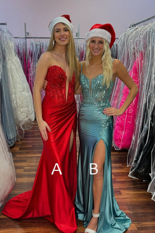 Mermaid Strapless Red Sparkly Satin Prom Dresses