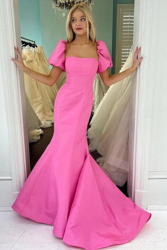 Mermaid Square Neck Pink Satin Prom Dresses