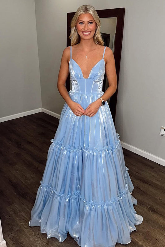 V Neck Light Blue Glitter Organza Satin A Line Prom Dresses