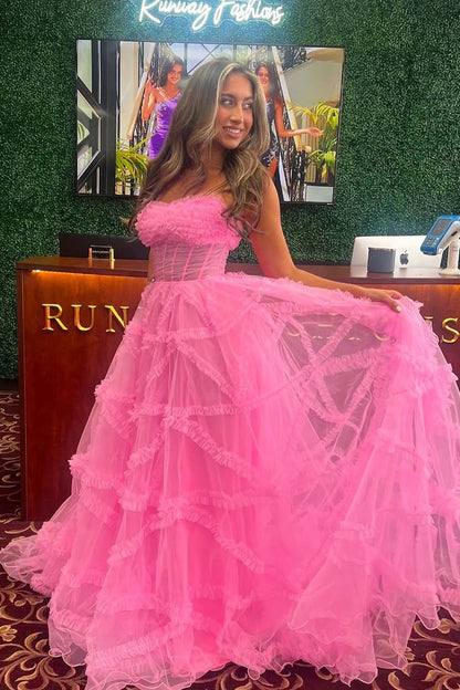 A Line Strapless Pink Tulle Long Prom Dresses