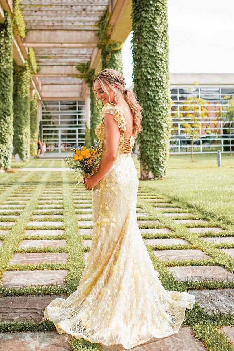 Yellow Sweetheart Sequin Appliques Long Prom Dresses