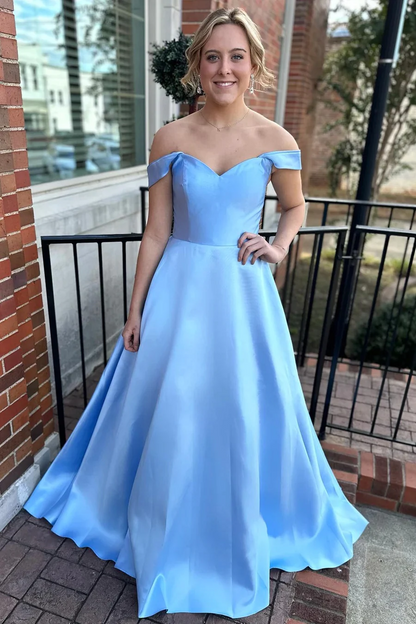 Blue Lace-Up Off-the-Shoulder Prom Dressees