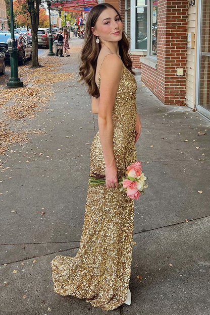 Gold Sequin Backless Mermaid V-Neck Long Formal Dresses,BD93165