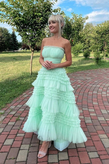 A Line Strapless Light Green Tulle Tiered Ruffles Prom Dresses