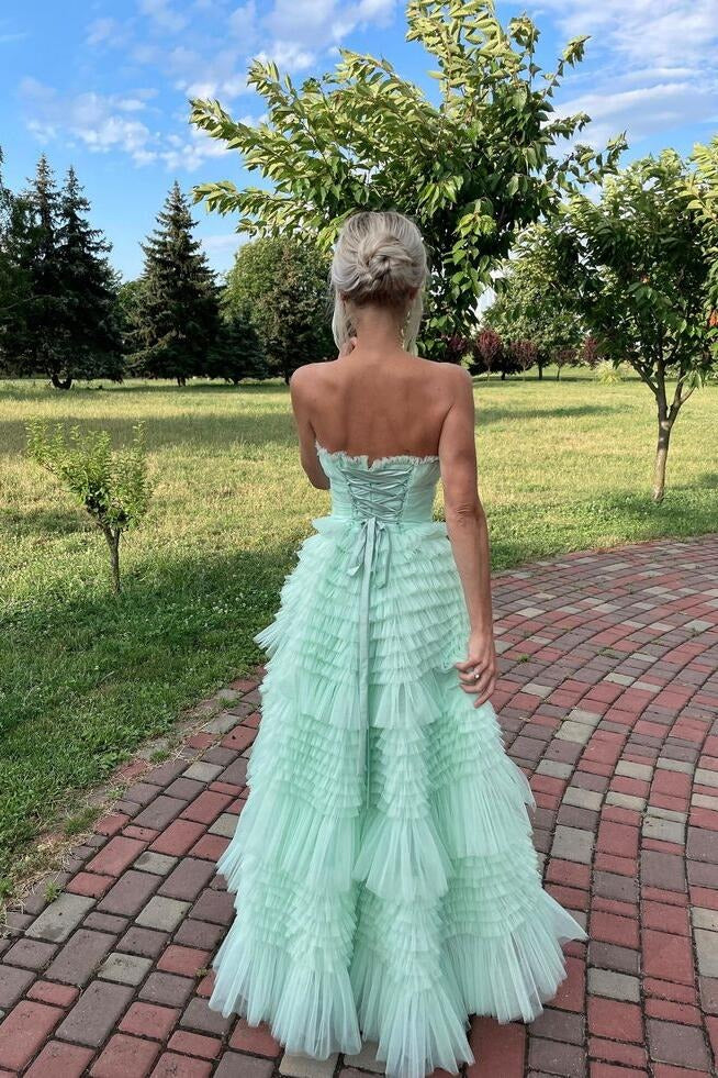 A Line Strapless Light Green Tulle Tiered Ruffles Prom Dresses