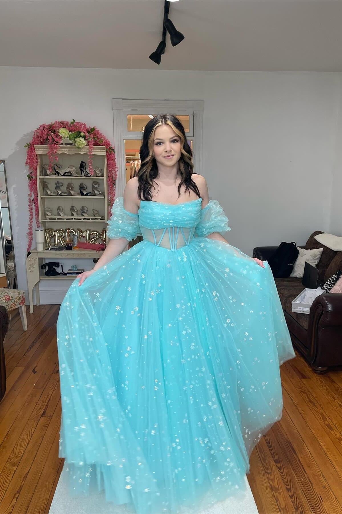 A Line Sparkly Blue Tulle Long Sweetheart Prom Dresses