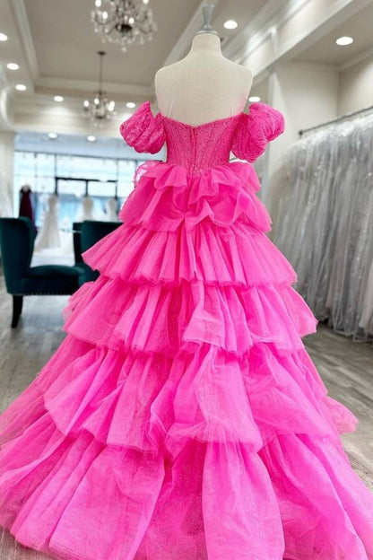 Ball Gown Sweetheart Hot Pink Tiered Organza Prom Dresses