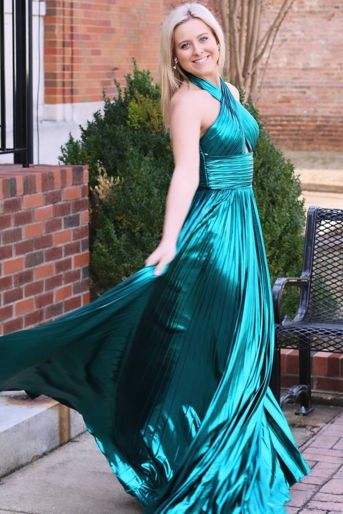 Emerald Green prom dresses,Metallic Key Hole Pleated Gown with Slit