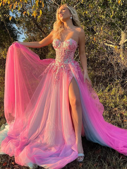 A Line Sweetheart Colorful Tulle Slit Prom Dresses with Appliques