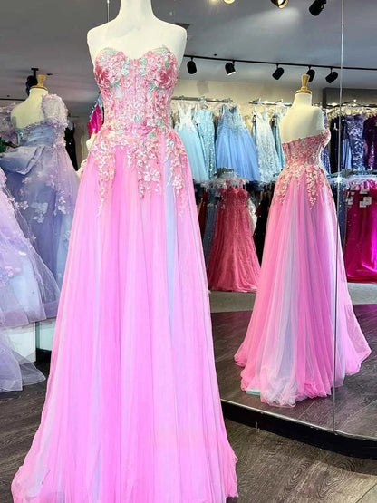 A Line Sweetheart Colorful Tulle Slit Prom Dresses with Appliques