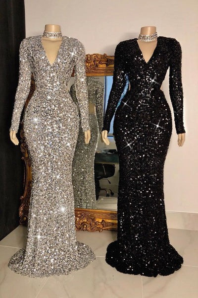 Sparkling crystal sequin long sleeve V-neck mermaid Prom Dresses