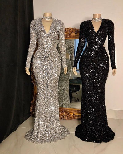 Sparkling crystal sequin long sleeve V-neck mermaid Prom Dresses