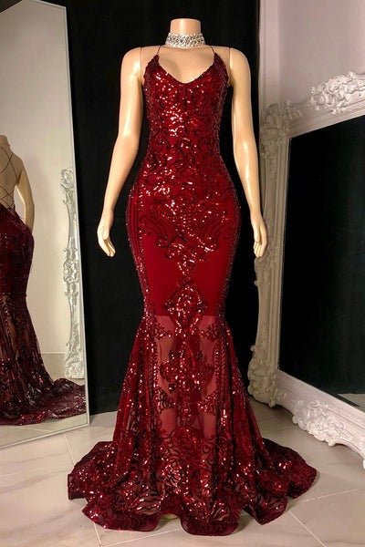 Gorgeous halterneck V-neck sleeveless mermaid sequin Prom dresses