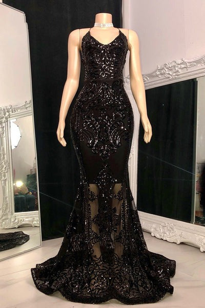 Gorgeous halterneck V-neck sleeveless mermaid sequin Prom dresses