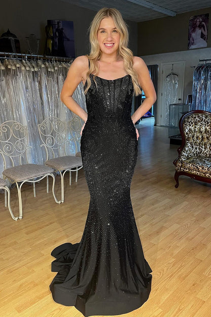 Sparkly Black Scoop Neck Mermaid Prom Dresses