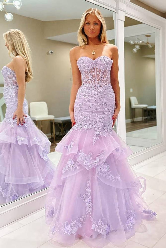 Mermaid Lavender Lace Applique Prom Dresses