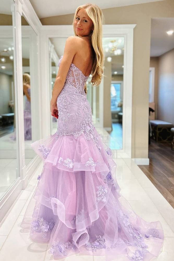 Mermaid Lavender Lace Applique Prom Dresses