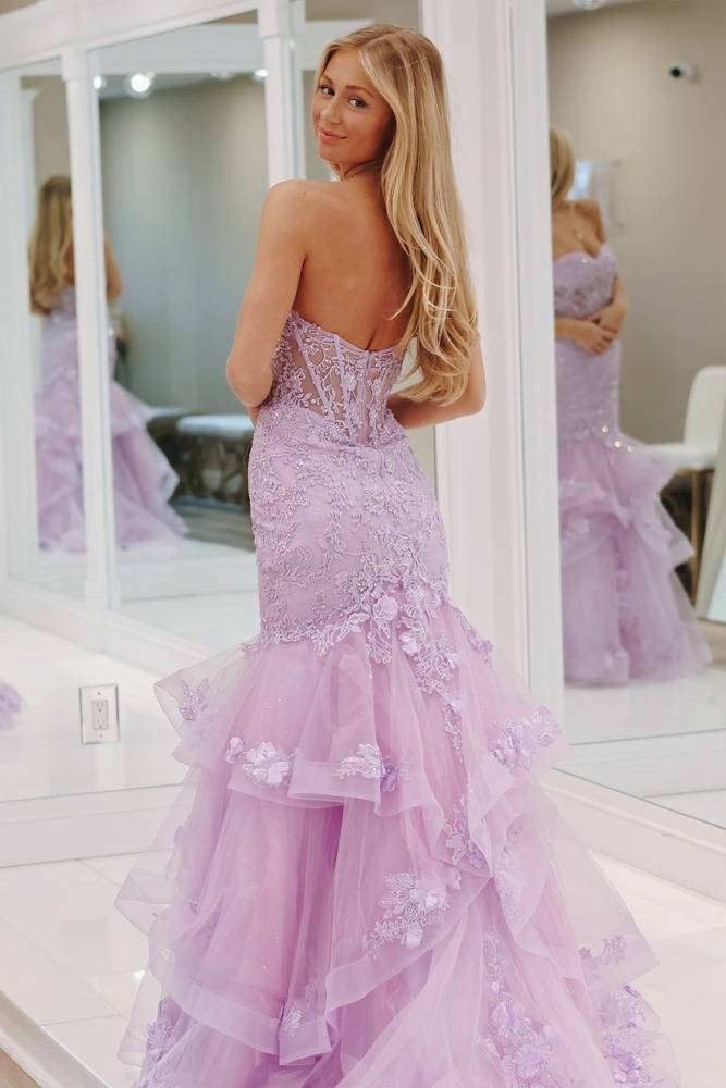 Mermaid Lavender Lace Applique Prom Dresses