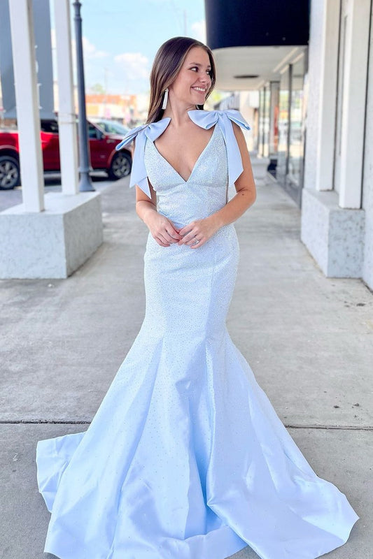 Mermaid V Neck Beading Satin Long Light Blue Prom Dresses