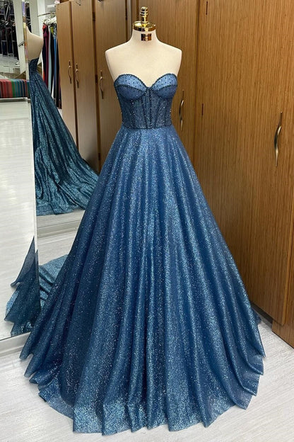 Ball Gown Sweehteart Navy Blue Glitter Tulle Long Prom Dresses