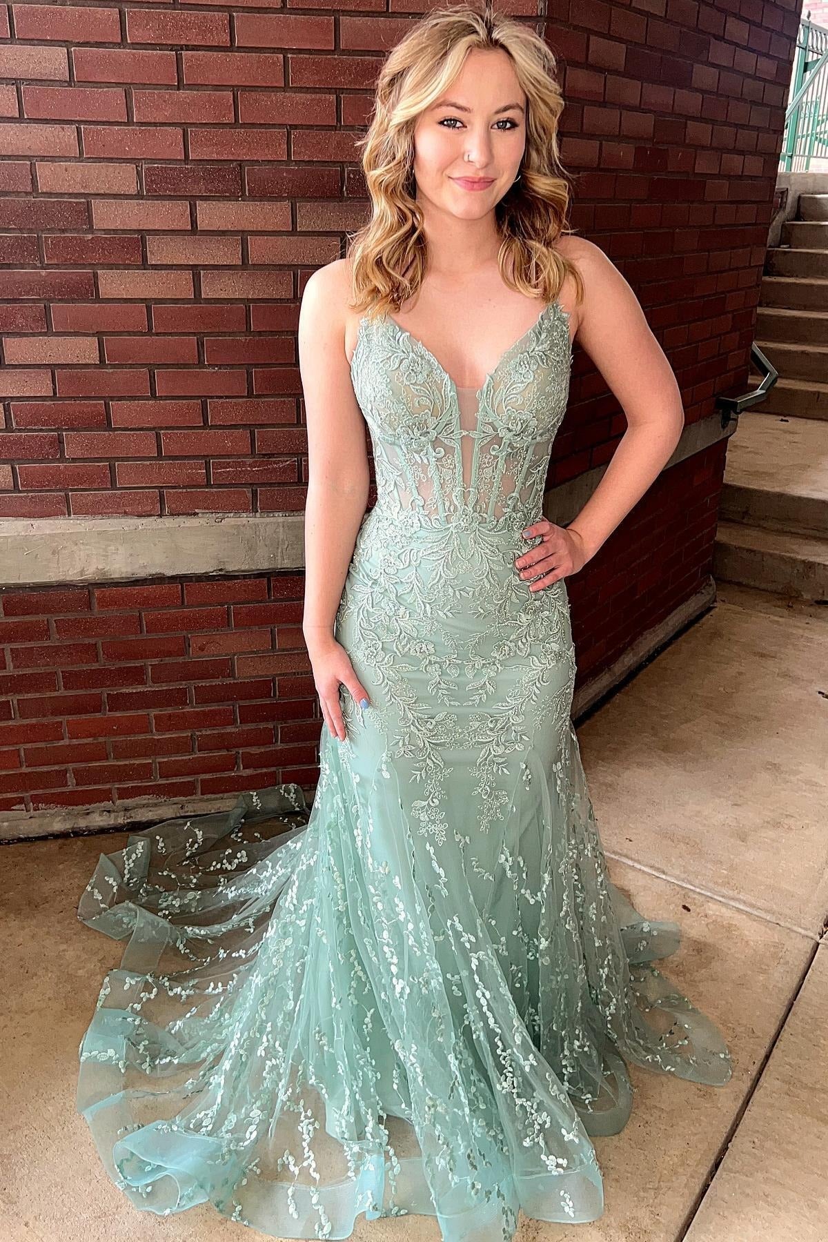 Mermaid Charming V Neck Sage Lace Prom Dresses