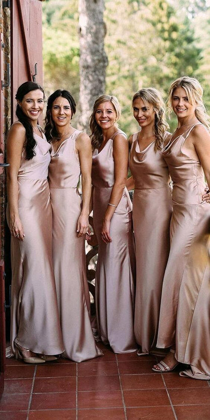 Soft Silk Satin Sleeveless Rose Gold  Floor Length Bridesmaid Dresses