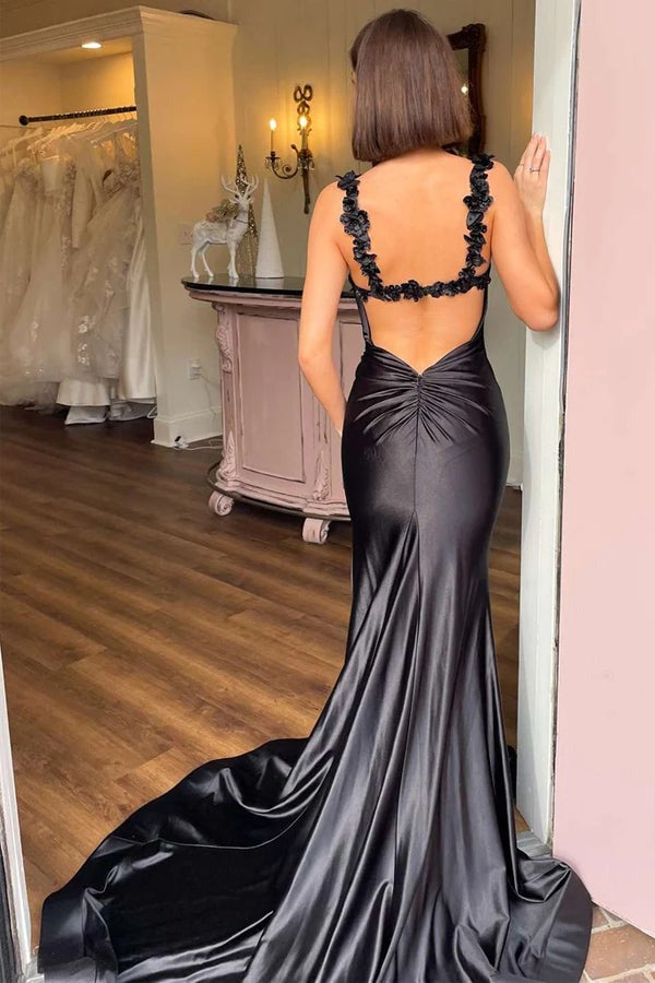 Black Straps Floral Mermaid Prom Dresses, Long Formal Dresses