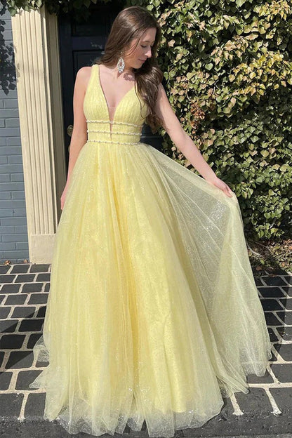 Glitter Yellow Beaded Long A-Line Tulle Prom Formal Dresses