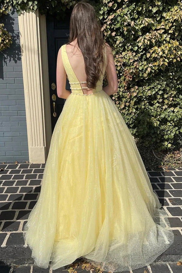 Glitter Yellow Beaded Long A-Line Tulle Prom Formal Dresses