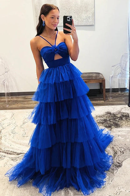 Blue Tulle Layers Long Formal Dresses,Princess Prom Dresses