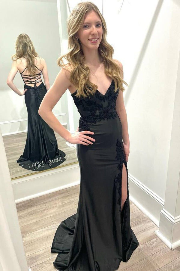 V-Neck Mermaid Lace-Up Black long Prom Dresses