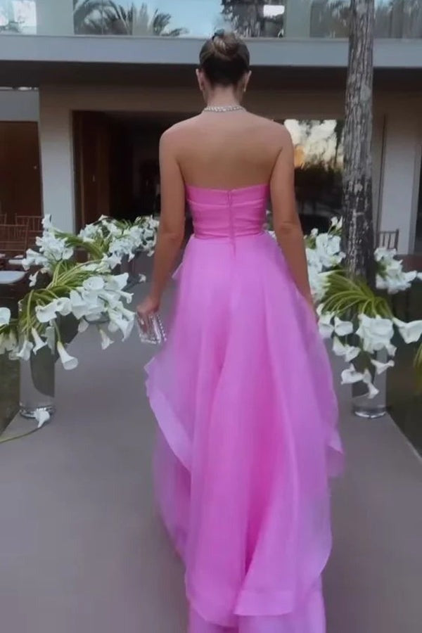 Elegant Strapless Layered Pink Long Prom Dresses