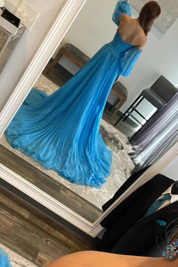 A Line Sweetheart Chiffon Blue Long Prom Dresses