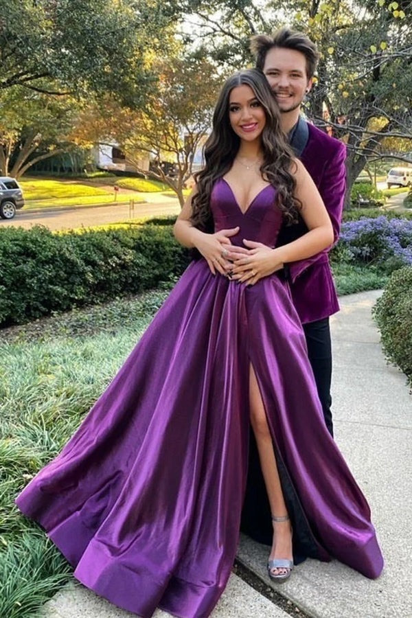 Purple Satin Backless Long A-line Prom Dresses