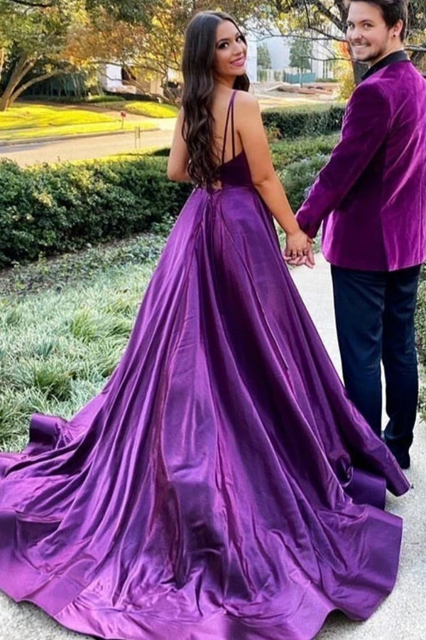 Purple Satin Backless Long A-line Prom Dresses