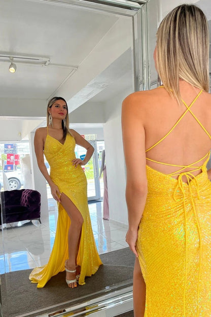 Yellow Sequins Sparkly Lace Up Mermaid Long Prom Dresses