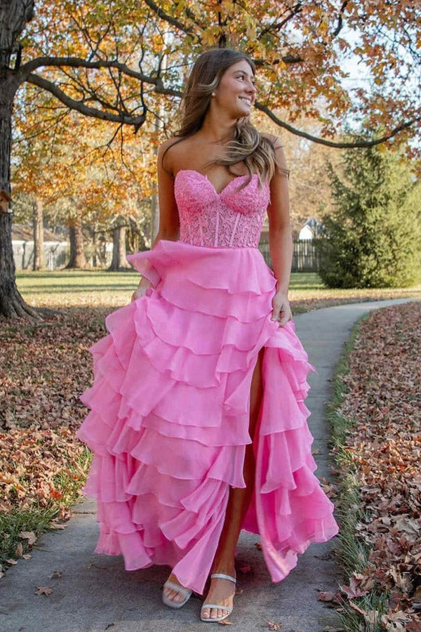 Sweetheart Lace Corset Long Chiffon Prom Dresses